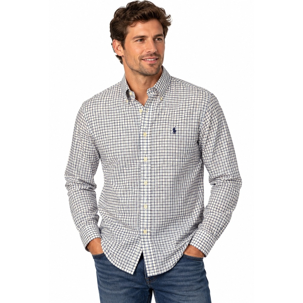 Ralph Lauren Men Small Blue White Check Plaid Long Sleeve Button Down Shirt Pony